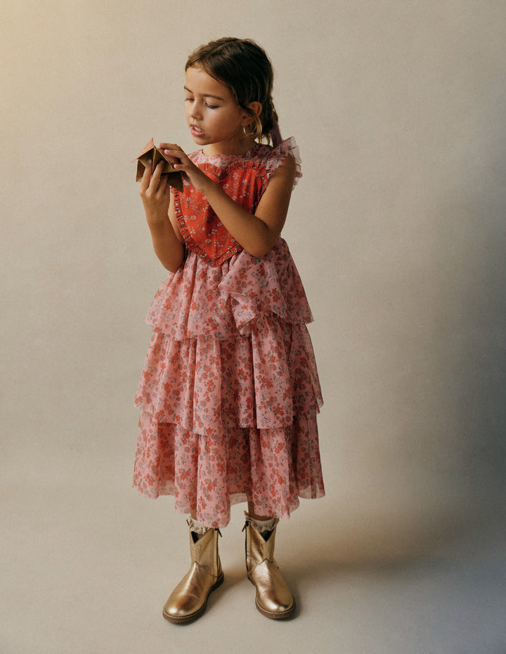 Heart Tulle Dress-Salmon Pink Meadow Floral