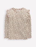 Frill Sleeve Slub Top-Vanilla White Leopard