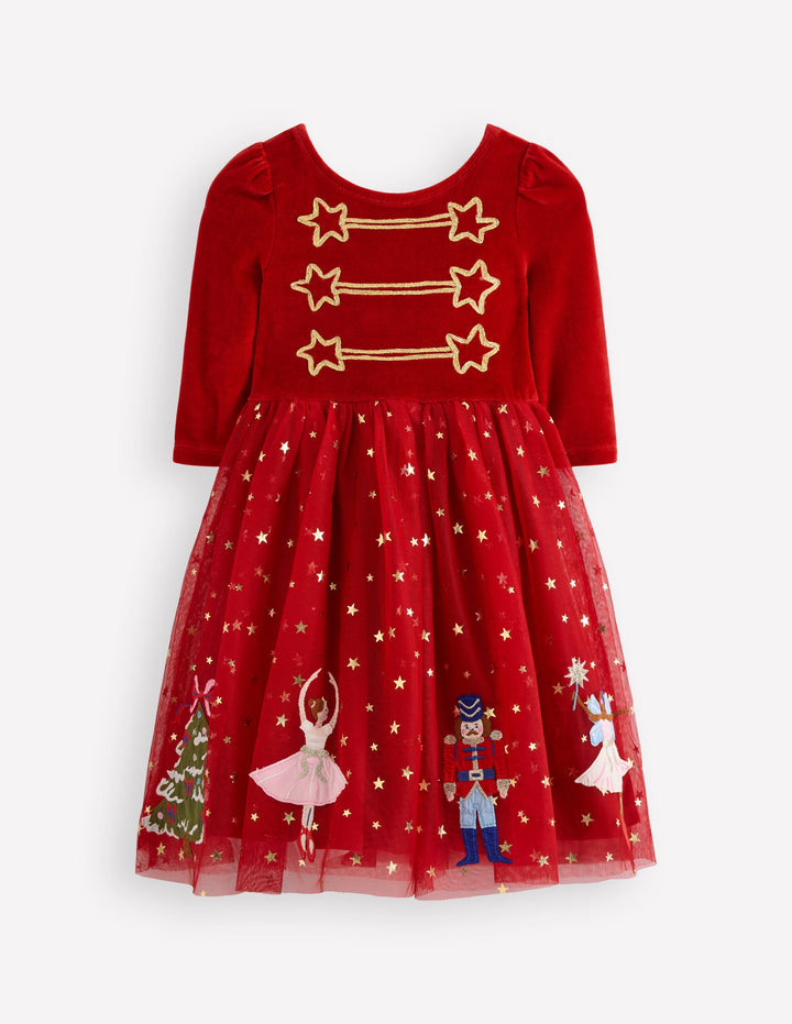 Velour Tulle Appliqué Dress-Carmine Red Nutcracker