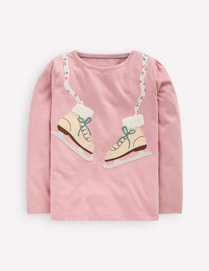 Puff Sleeve Appliqué  T-shirt-Vintage Pink Skates-1