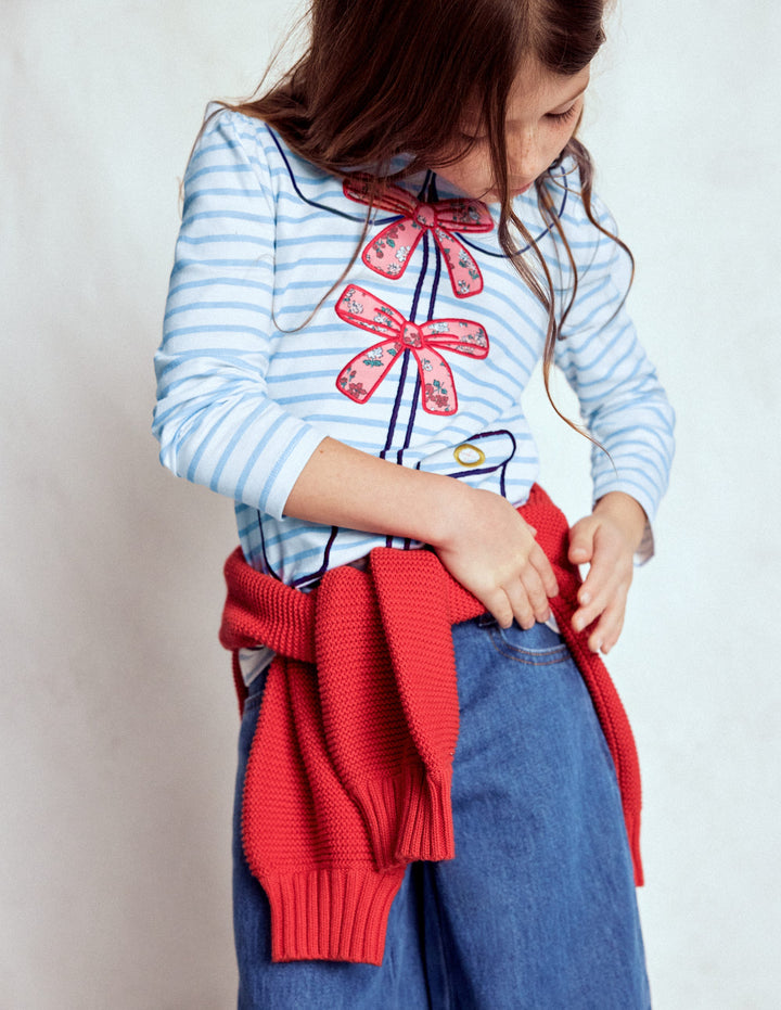 Puff Sleeve Appliqué  T-shirt-Soft Ivory/Glacier Blue