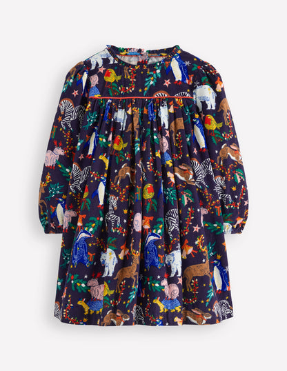 Ruffle Neck Woven Dress-College Navy Christmas Party-2