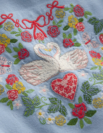 Frill Sleeve Appliqué T-shirt-Blue Lovebirds-3