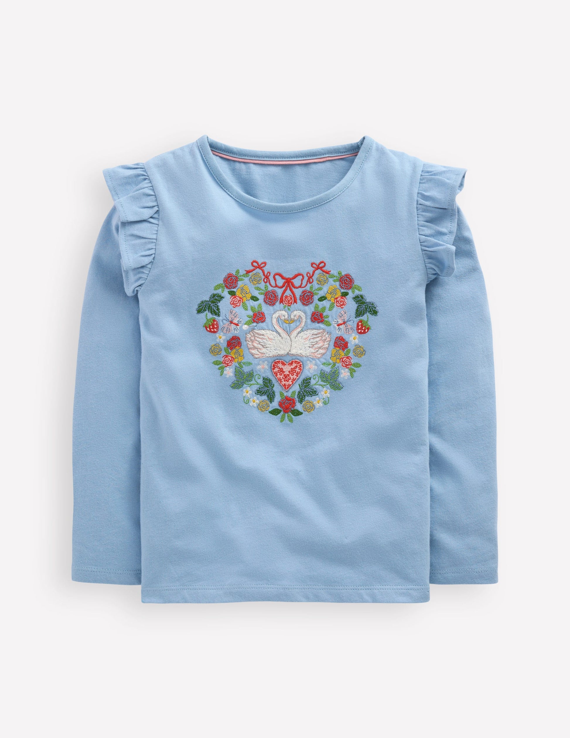 Frill Sleeve Appliqué T-shirt-Blue Lovebirds-1