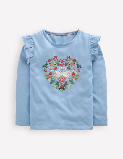 Frill Sleeve Appliqué T-shirt-Blue Lovebirds-1