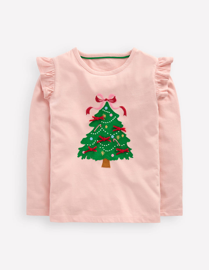 Frill Sleeve Appliqué T-shirt-Chalk Pink Christmas Tree