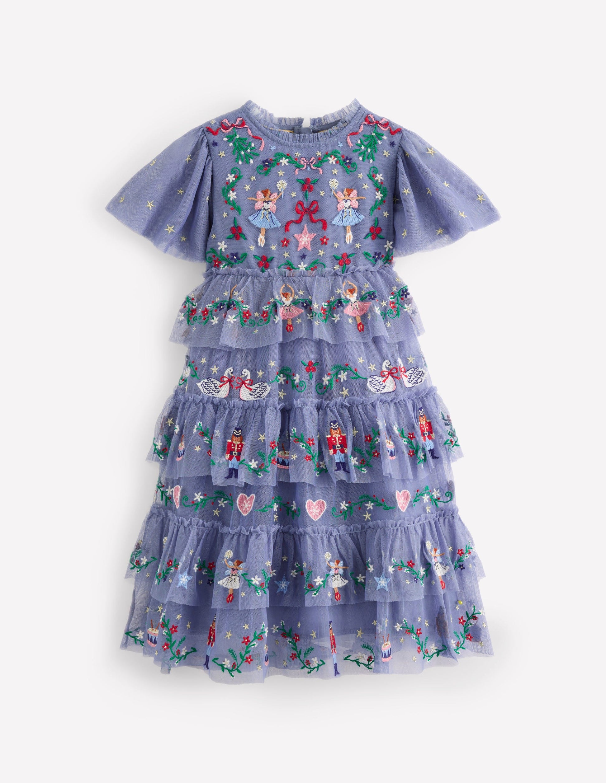 Embroidered Tulle Ruffle Dress-Stormbolt Blue Embroidery-1