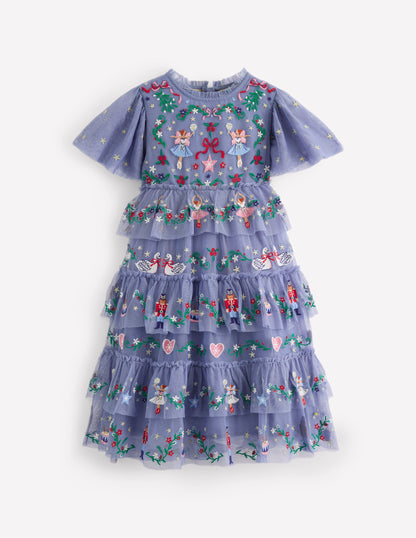 Embroidered Tulle Ruffle Dress-Stormbolt Blue Embroidery-1