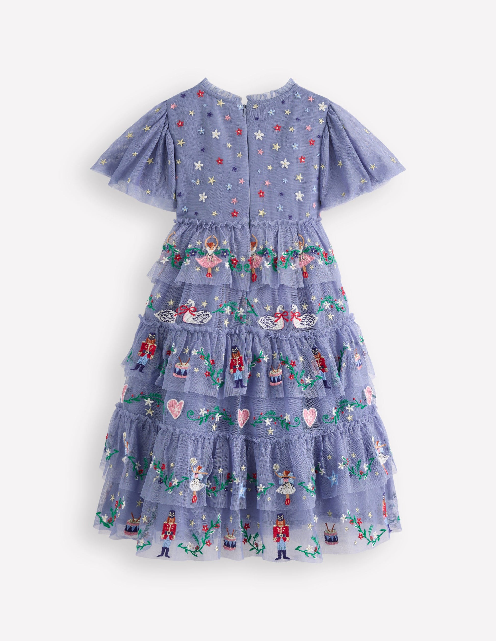 Embroidered Tulle Ruffle Dress-Stormbolt Blue Embroidery-2