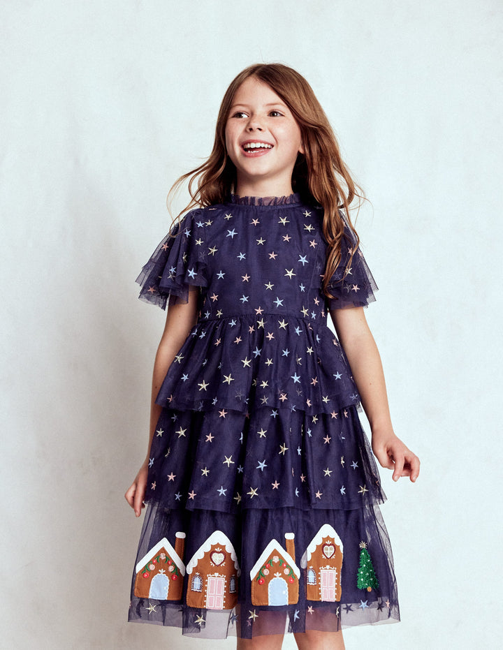 Tulle Tiered Gingerbread Dress-Medieval Blue