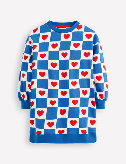 Relaxed Sweatshirt Dress-Blue Heart Stamp-3