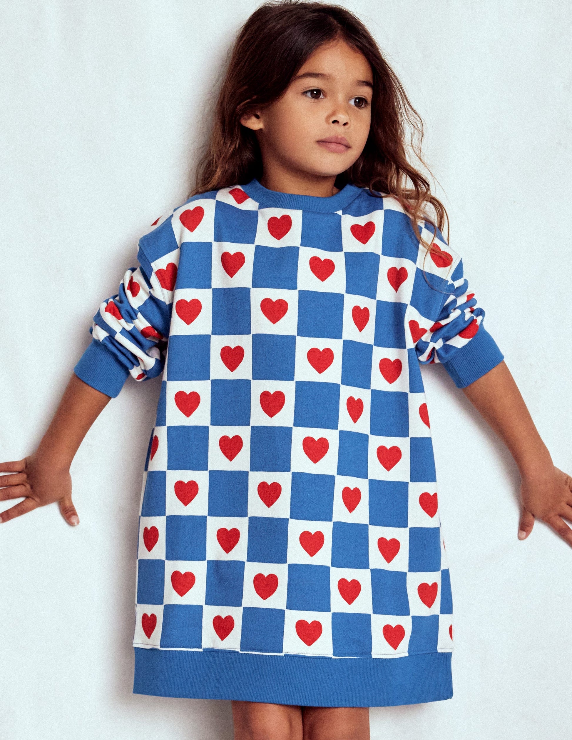Relaxed Sweatshirt Dress-Blue Heart Stamp-2