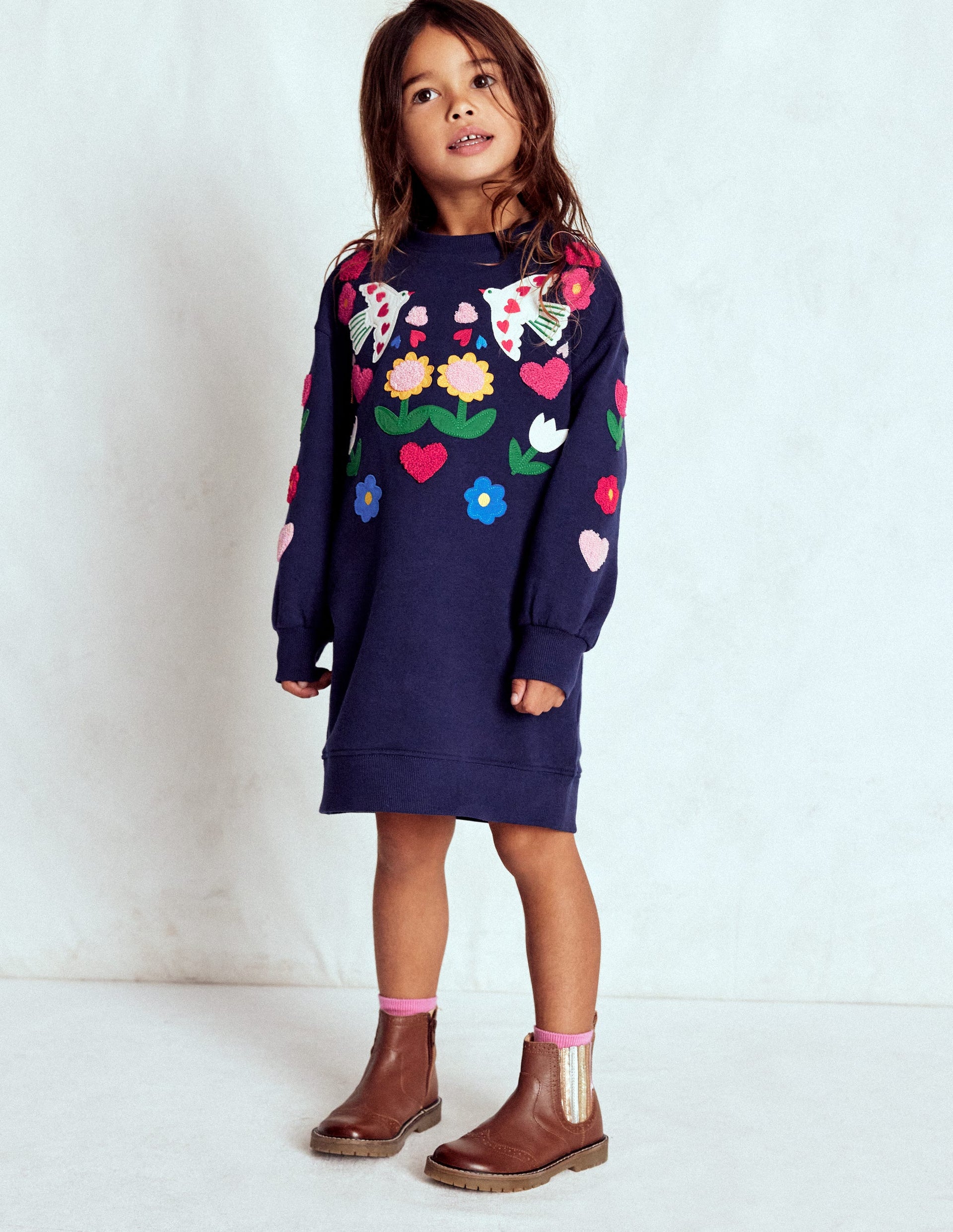 mini boden jumper dress Relaxed Sweatshirt Dress-College Navy Birds
