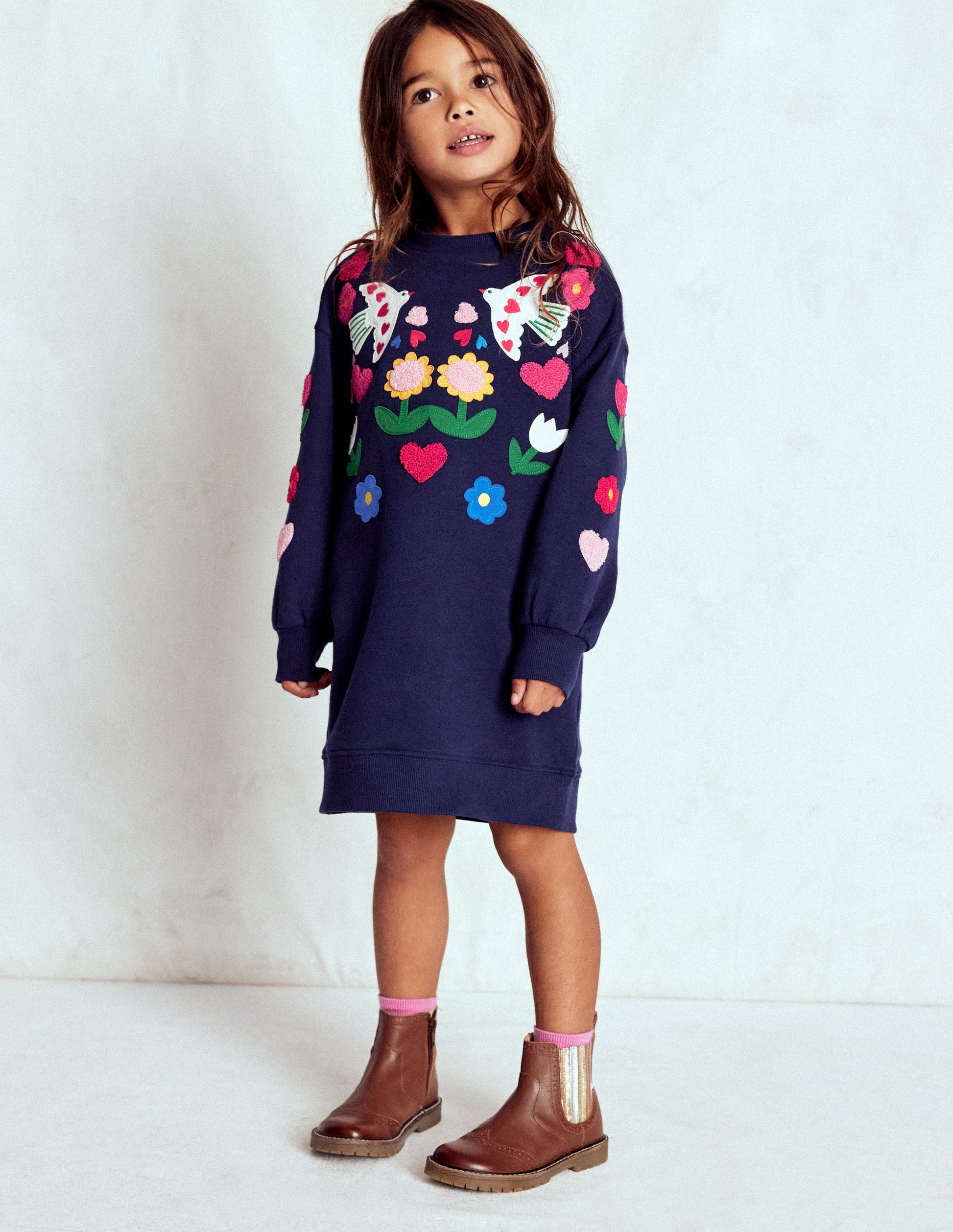 Relaxed Sweatshirt Dress-College Navy Birds-1