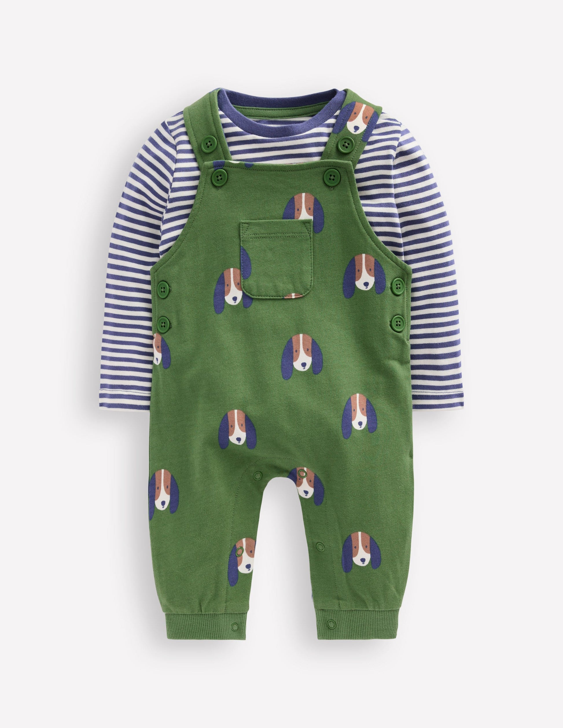Printed Jersey Dungaree Set-Green Dogs-1