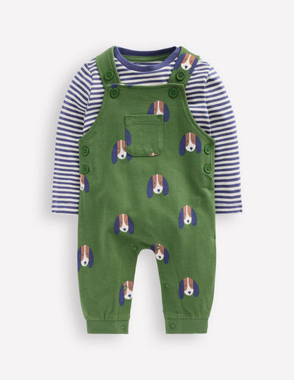Printed Jersey Dungaree Set-Green Dogs-1