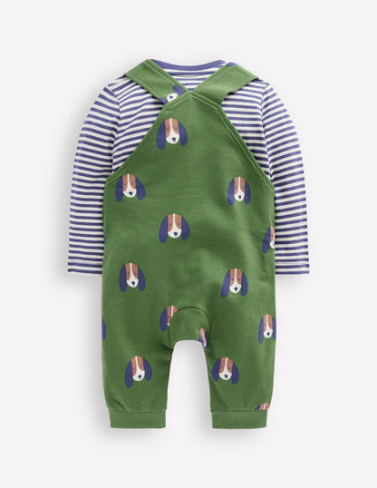 Printed Jersey Dungaree Set-Green Dogs-2