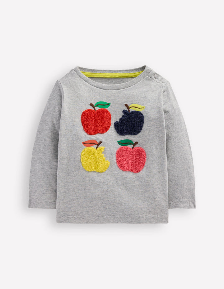 Long Sleeve Applique T-Shirt-Grey Marl Apples