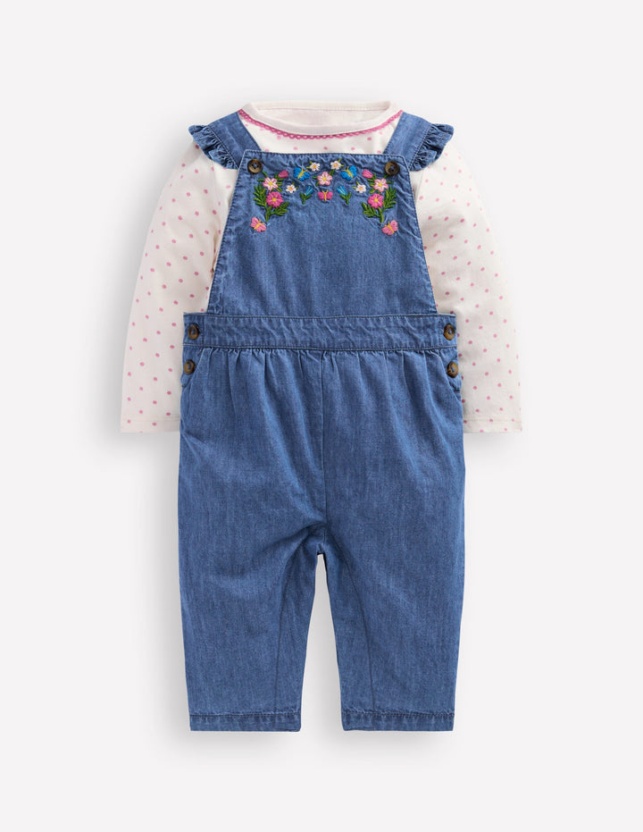Woven Dungaree Set-Blue Chambray Embroidery