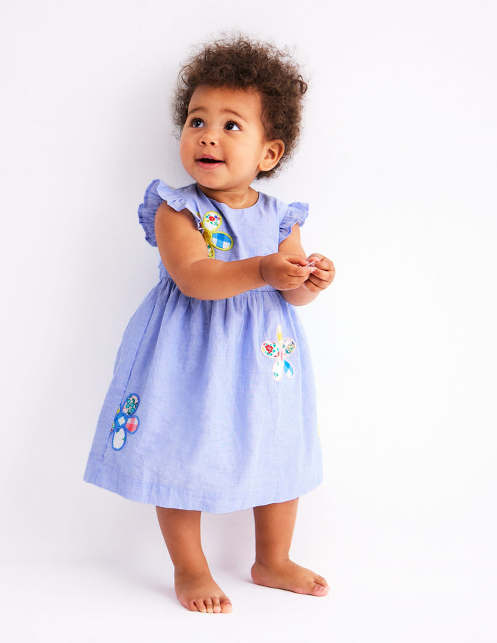 Woven Frill Dress-Blue Patchwork Flower