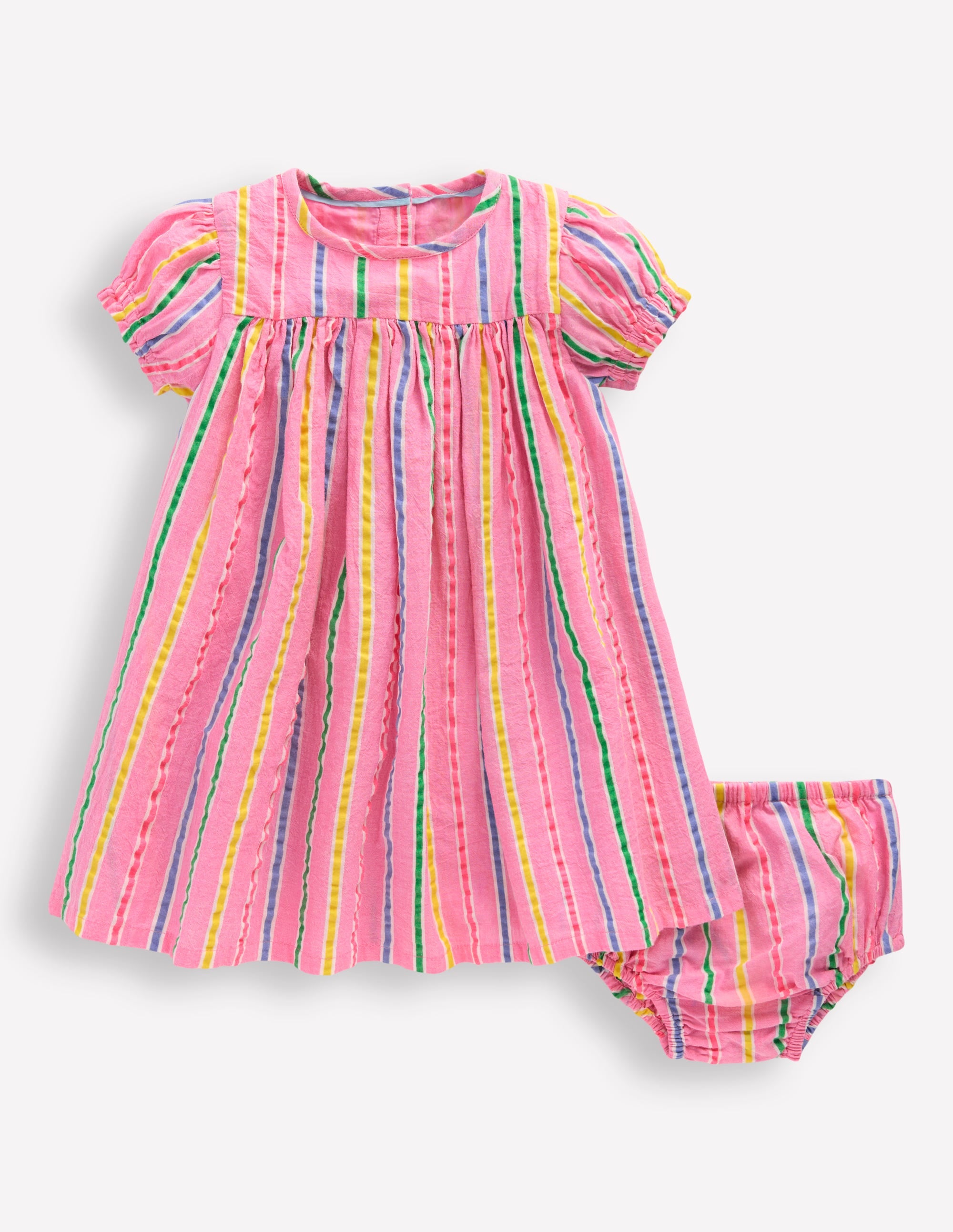Gathered Woven Dress-Neon Pink Multi Stripe - Image 3