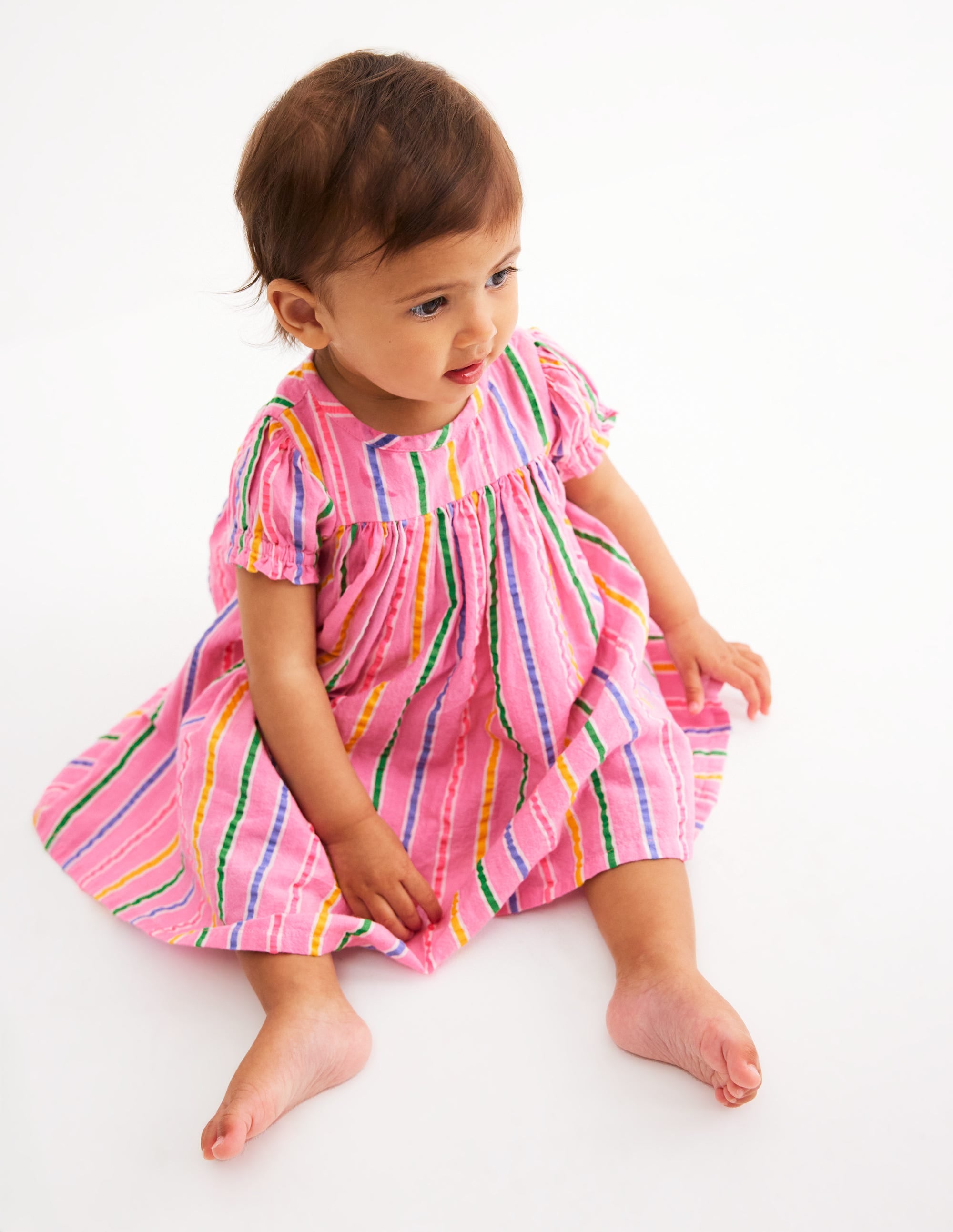 Gathered Woven Dress-Neon Pink Multi Stripe - Image 1