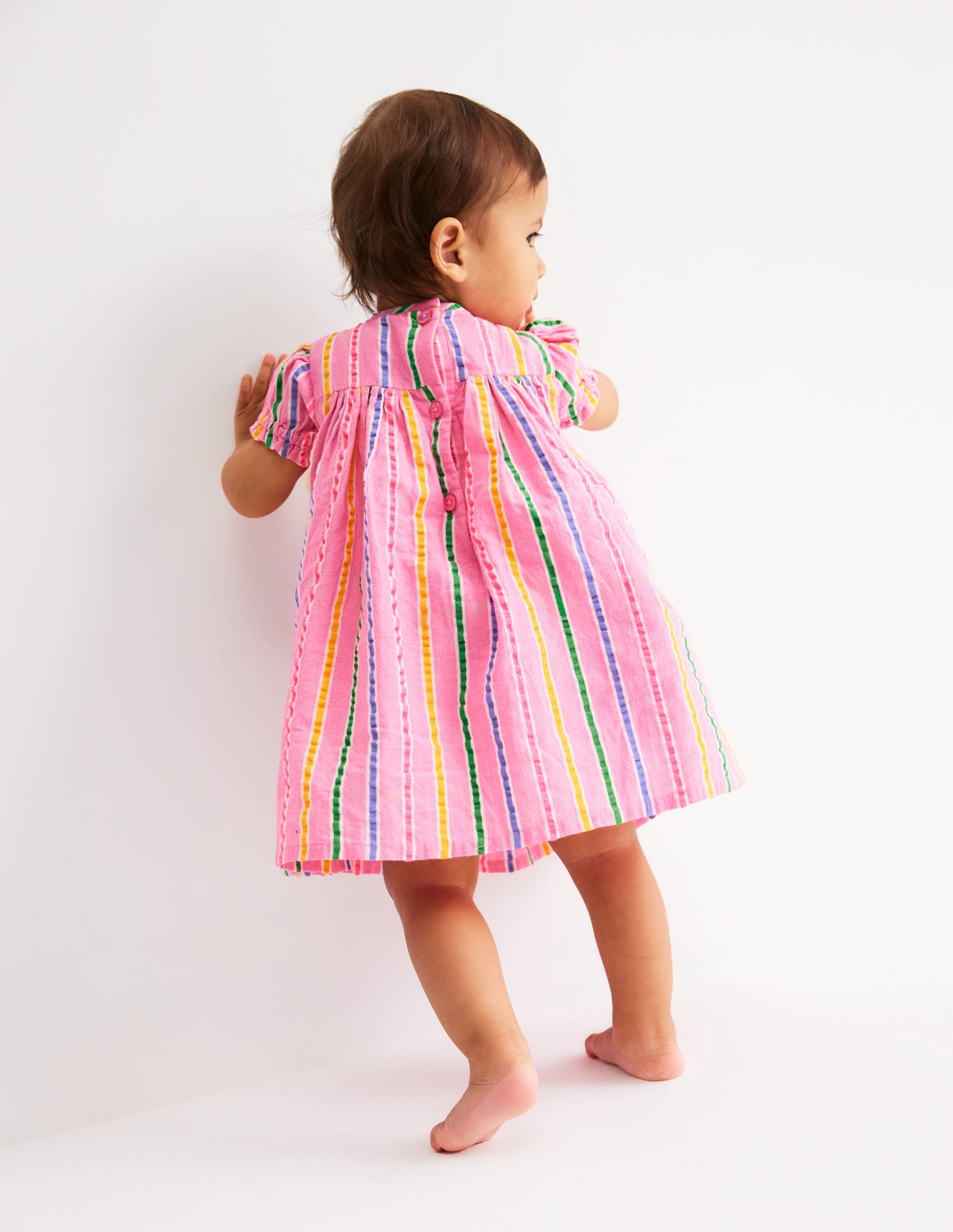 Gathered Woven Dress-Neon Pink Multi Stripe - Image 2