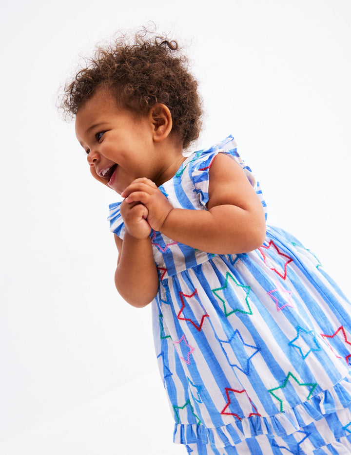 Frilly Pinny Dress-Peacock Plume Blue Star