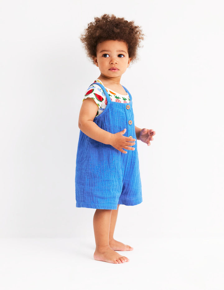 Double Cloth Dungaree Set-Peacock Plume Blue Fruit