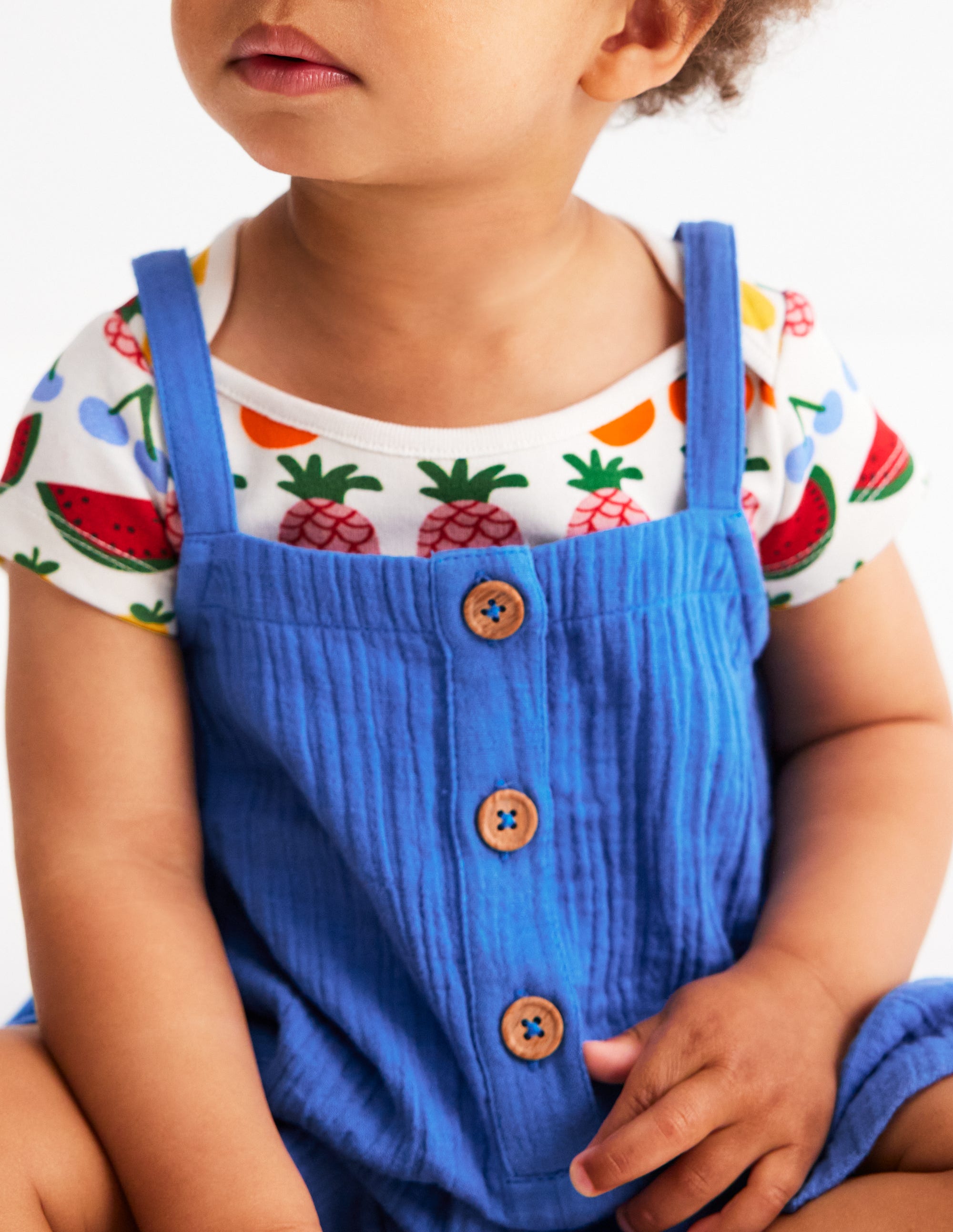 Double Cloth Dungaree Set-Peacock Plume Blue Fruit - Image 2