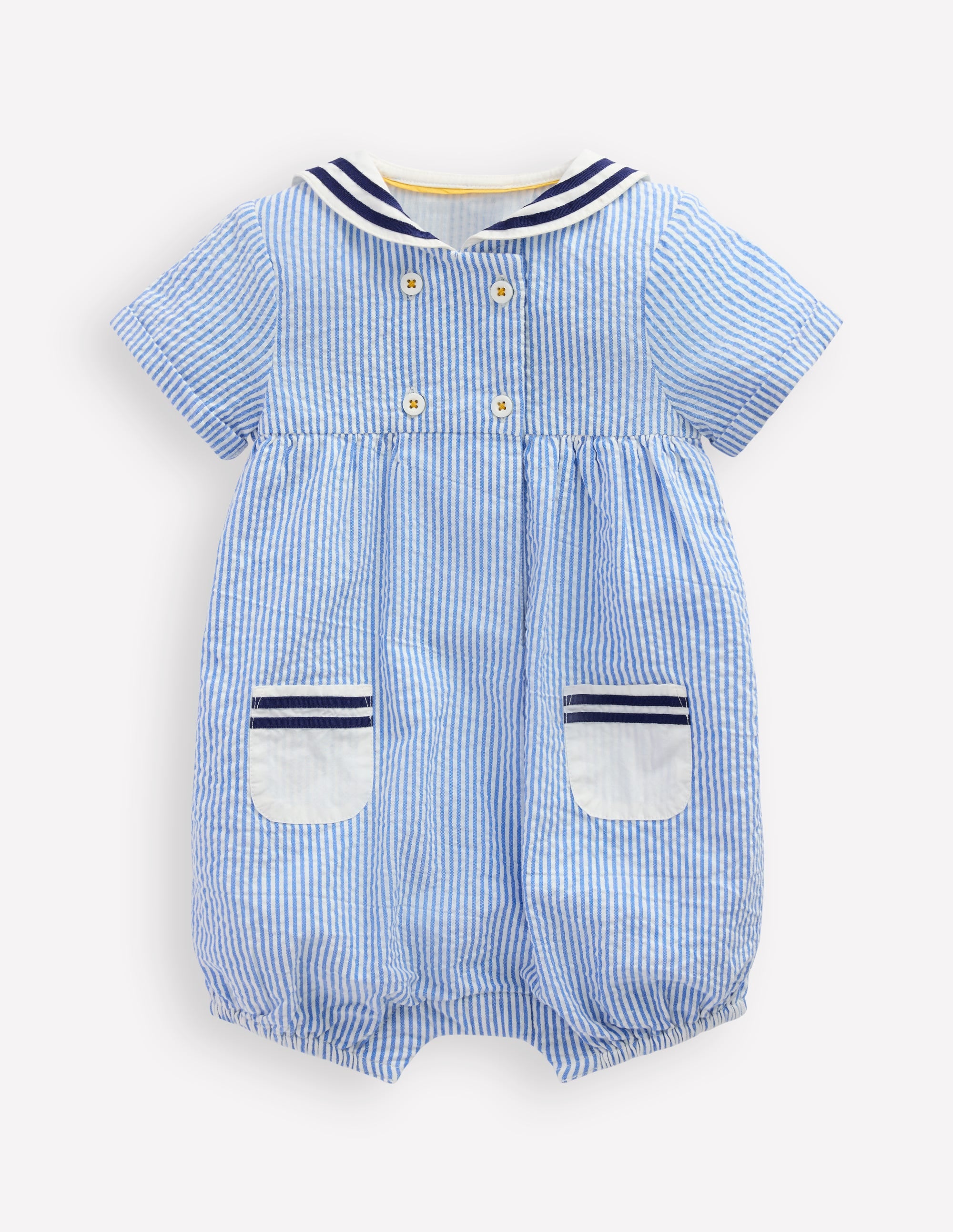 Boys Heritage Nautical Romper-Vintage Blue Ticking Stripe - Image 1