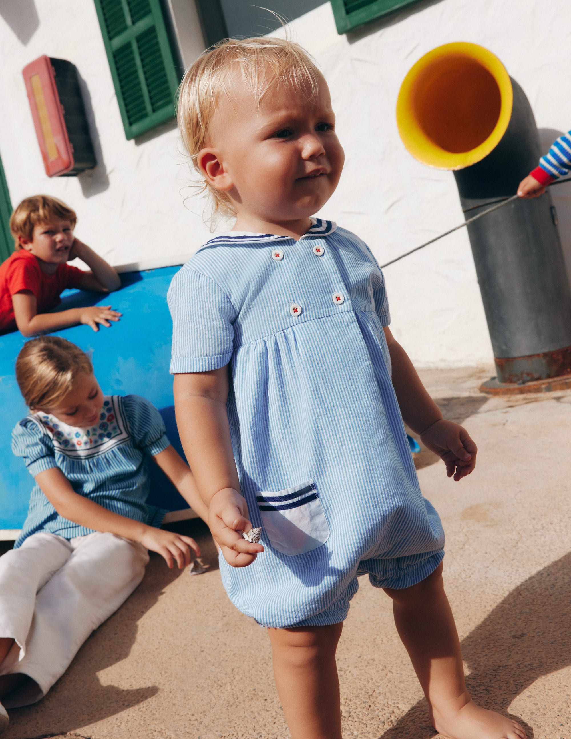 Boys Heritage Nautical Romper-Vintage Blue Ticking Stripe - Image 4