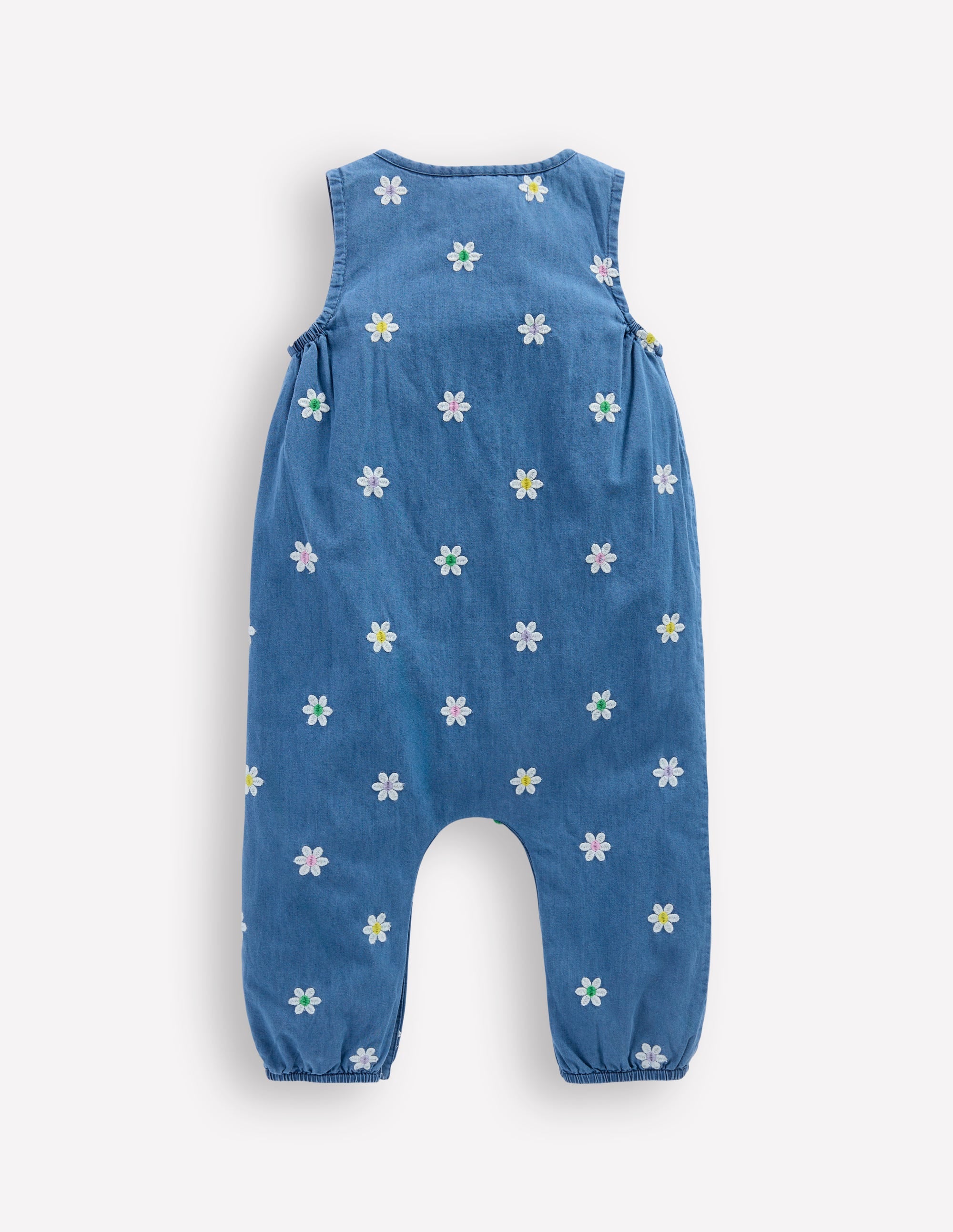 Embroidered Chambray Romper-Denim Daisy Embroidery - Image 3