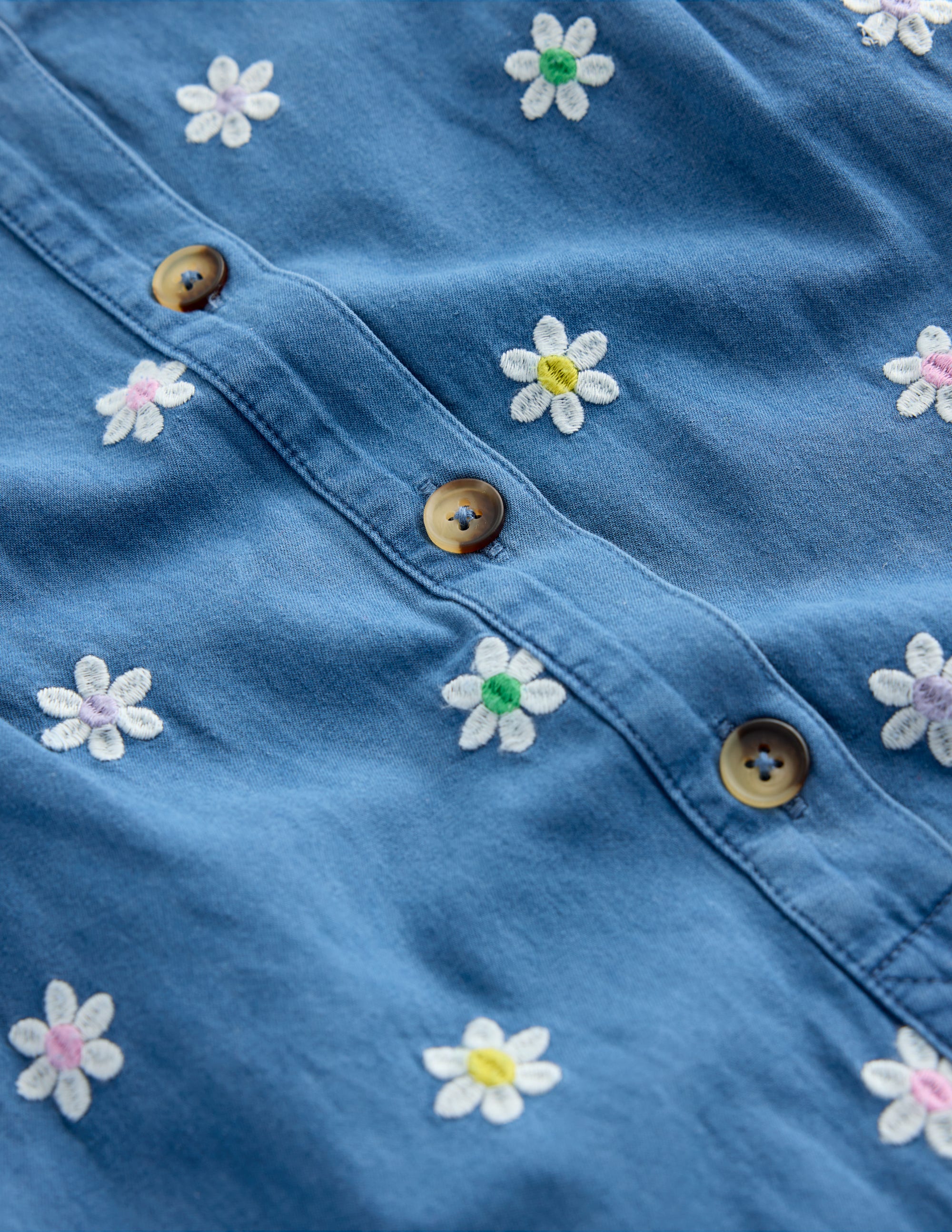 Embroidered Chambray Romper-Denim Daisy Embroidery - Image 2