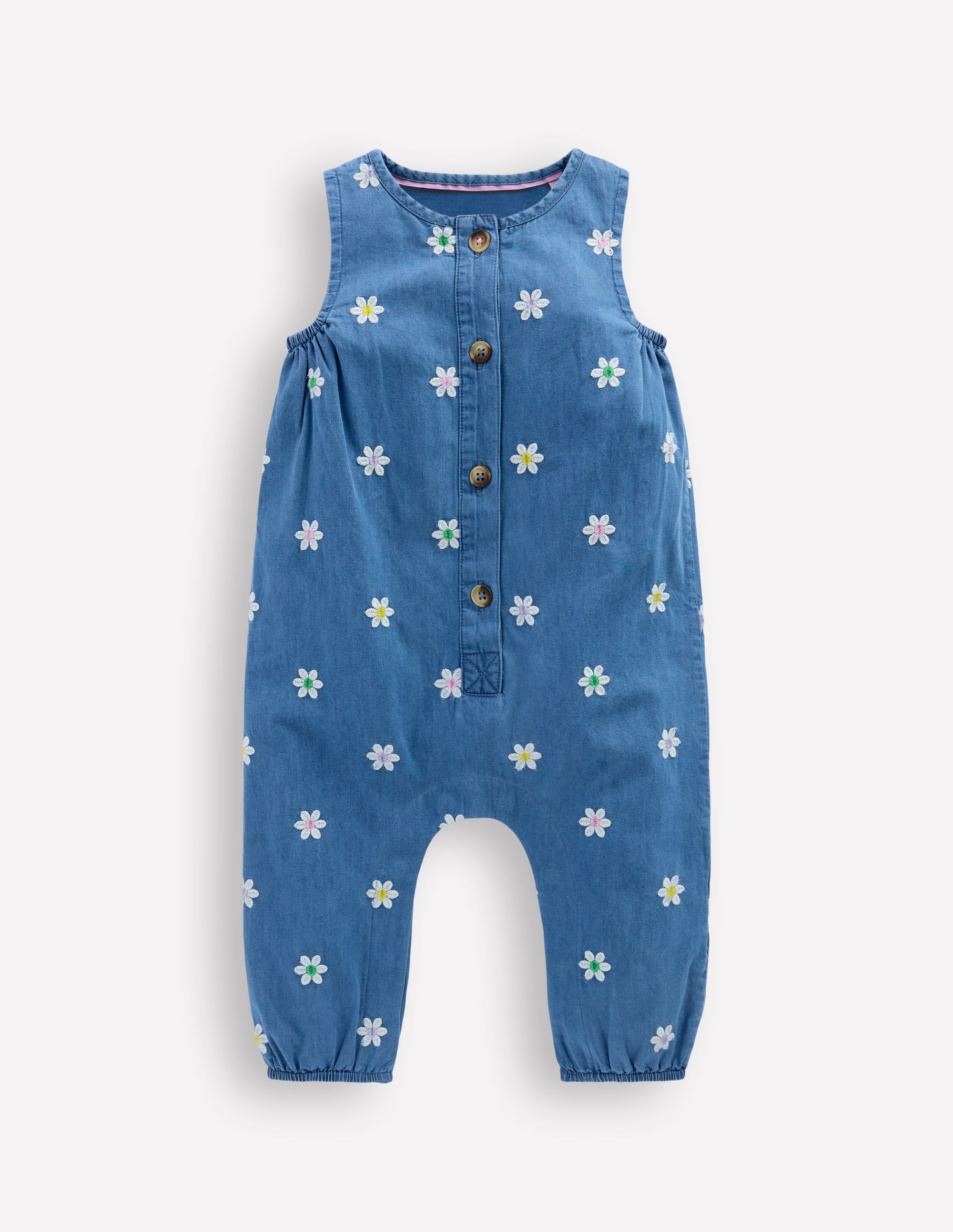 Embroidered Chambray Romper-Denim Daisy Embroidery - Image 1