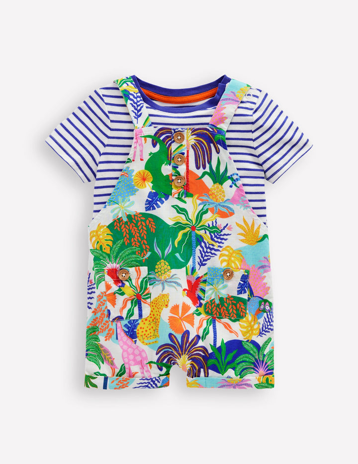 Button Dungaree Set-Coconutmilk Multi Jungle