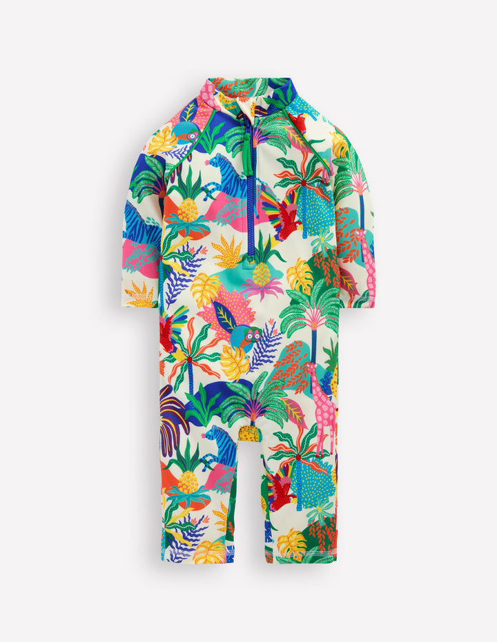 Printed Sun Safe Surfsuit-Soft Ivory Multi Jungle