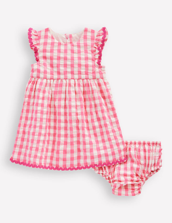 Woven Frill Dress-Pink and Ivory Gingham
