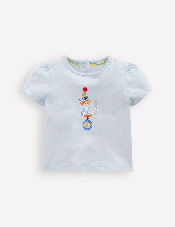 Girls Puff Sleeve Logo T-Shirt-Cloud Blue Dalmation Unicycle