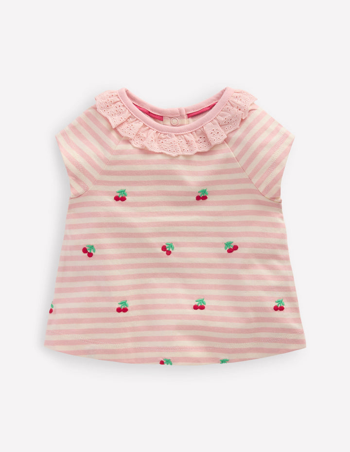 Embroidered Jersey Top-Soft Ivory/ Chalk Pink