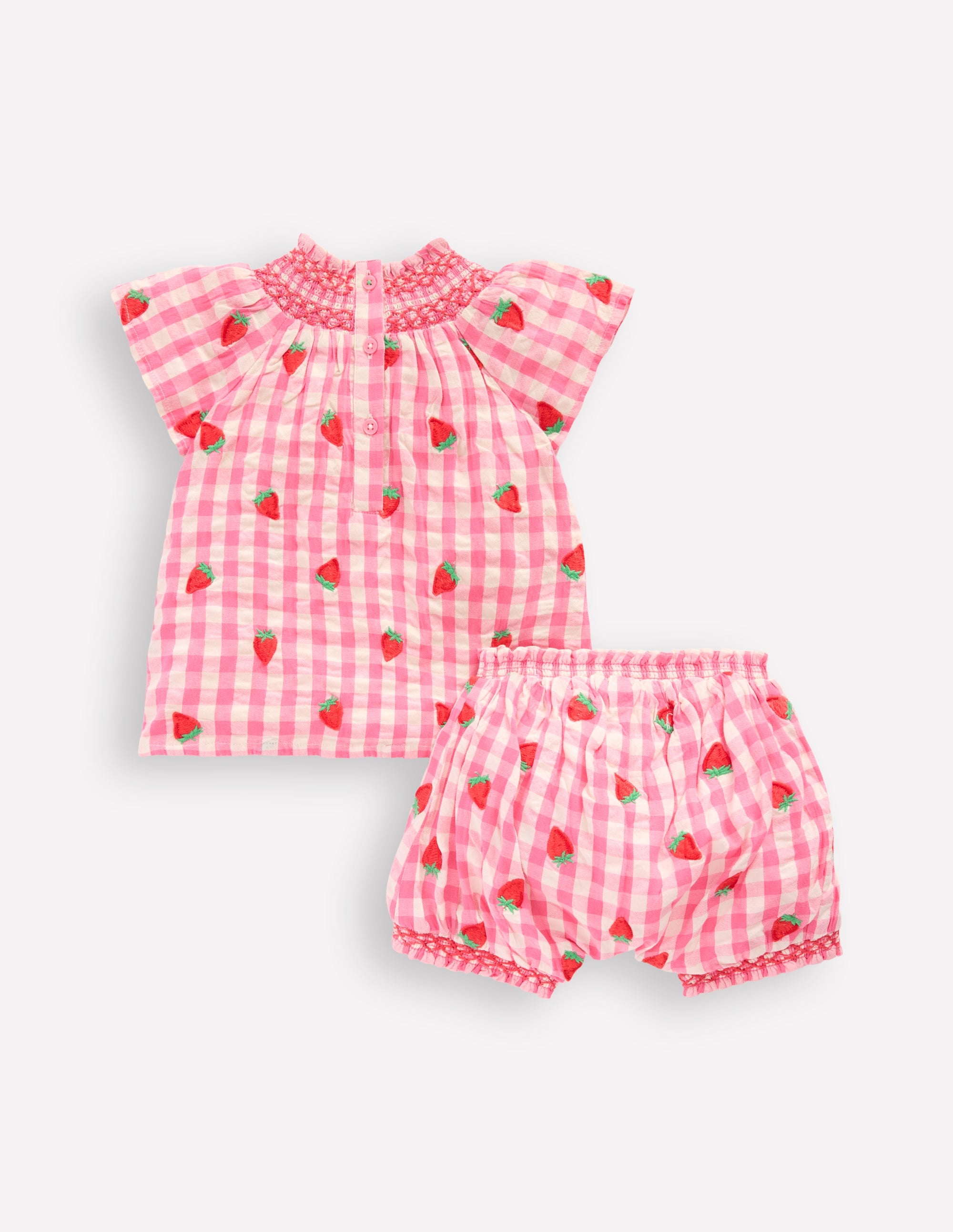Smocked Play Set-Pink Rose Gingham Strawberries - Image 2