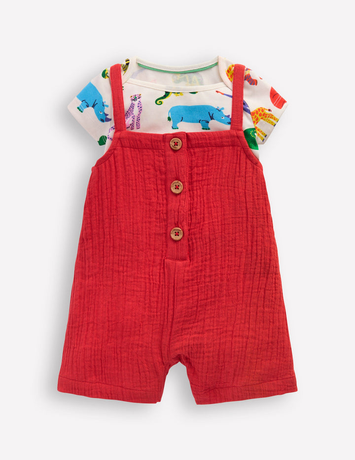 Double Cloth Dungaree Set-Poppy Red Jungle