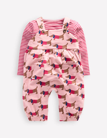 Jersey Dungaree Set-Pink Sausage Dogs-1