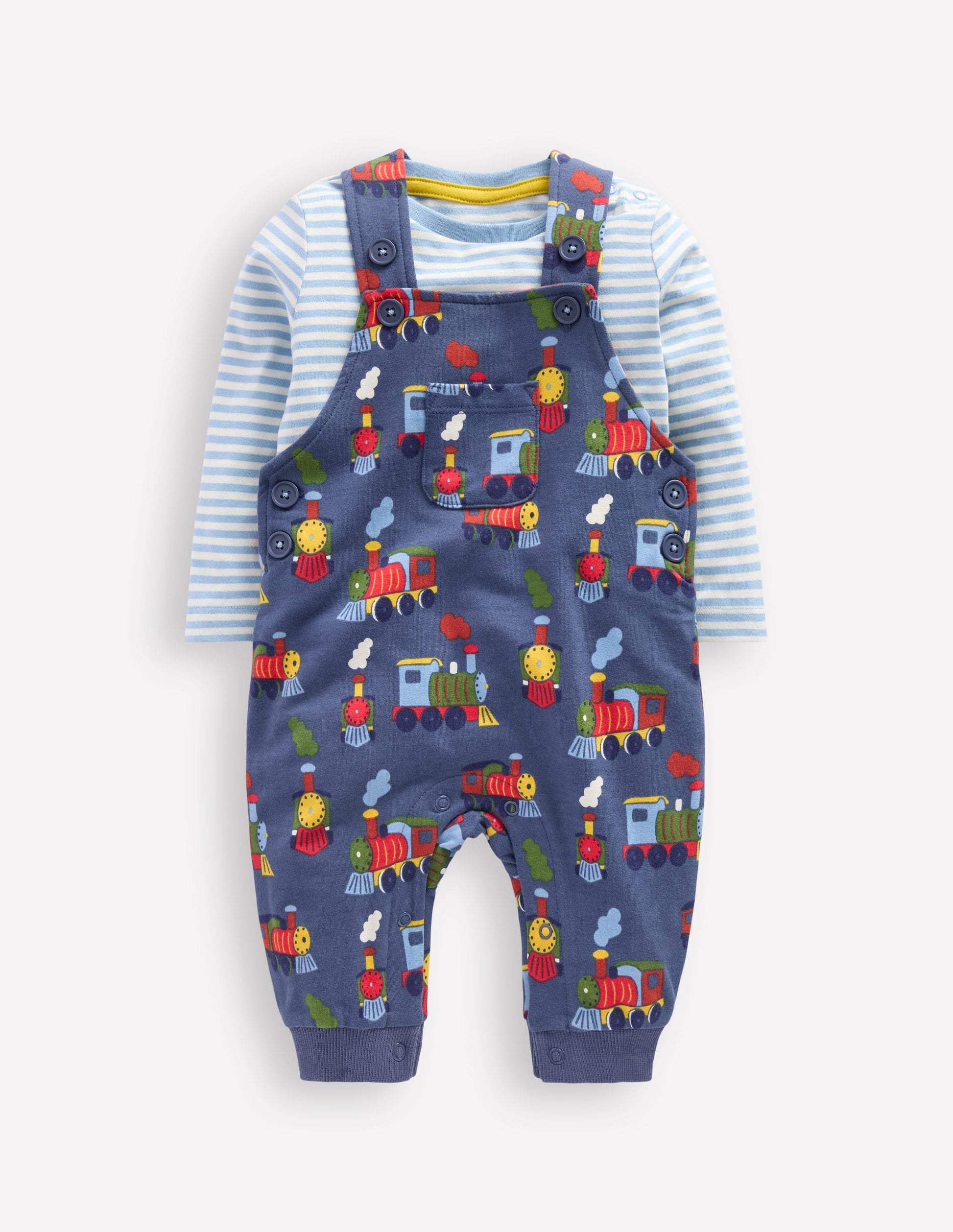 Printed Jersey Dungaree Set-Blue Marl Trains-1
