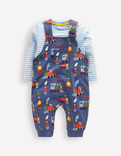Printed Jersey Dungaree Set-Blue Marl Trains-1