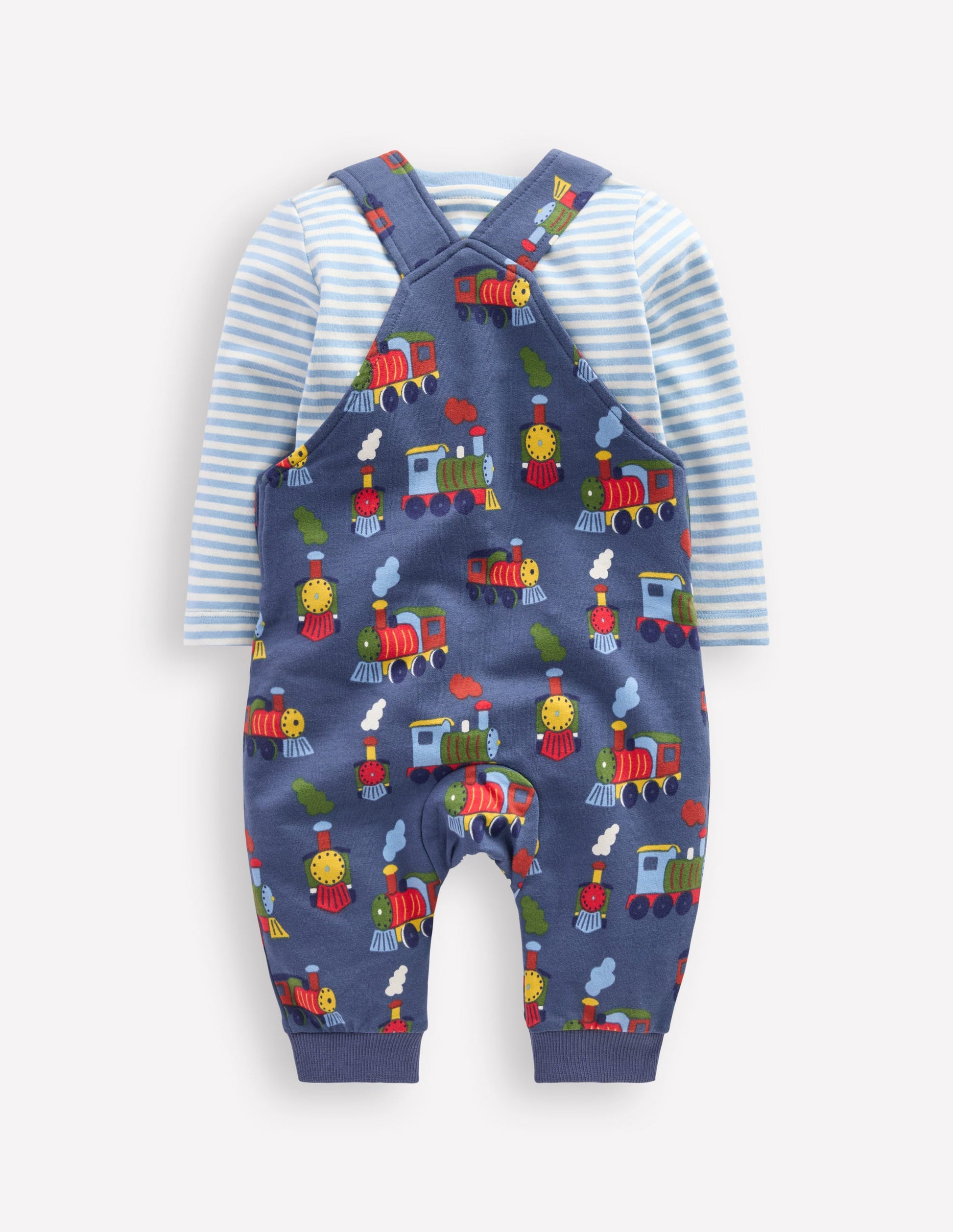 Printed Jersey Dungaree Set-Blue Marl Trains-2
