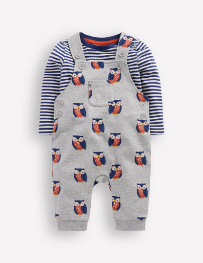 Printed Jersey Dungaree Set-Grey Marl Owls-1