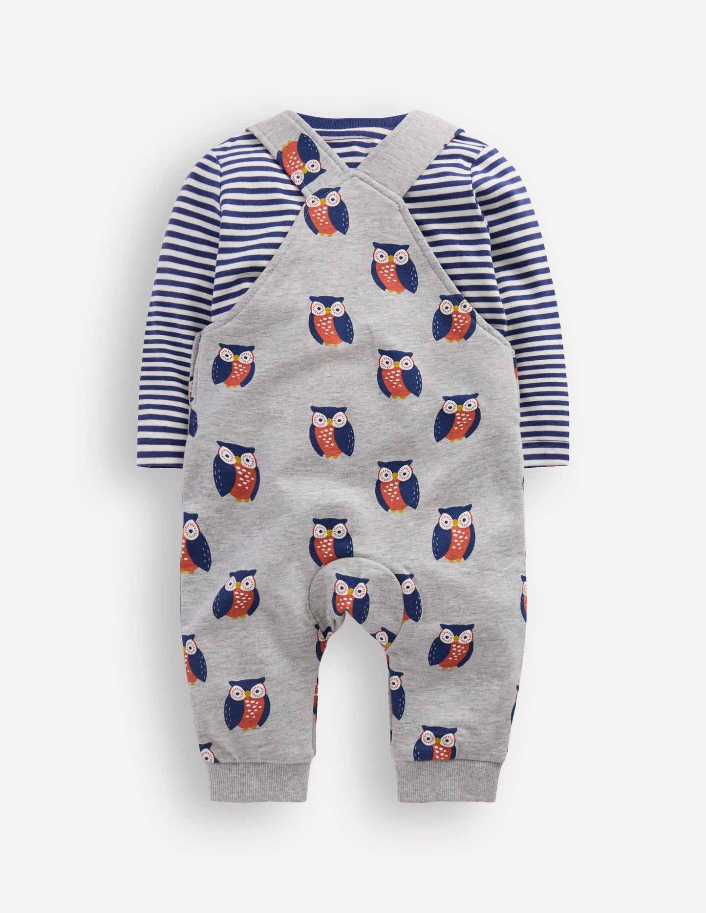 Printed Jersey Dungaree Set-Grey Marl Owls