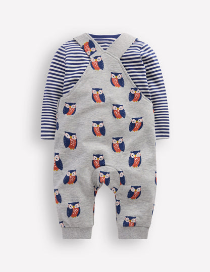 Printed Jersey Dungaree Set-Grey Marl Owls-2