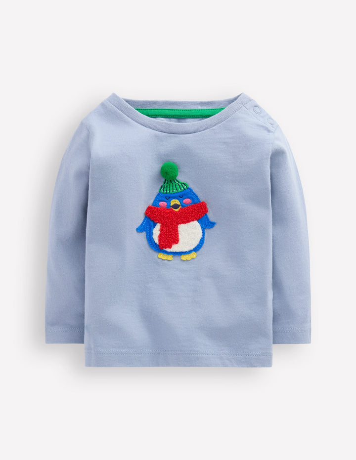 Long Sleeve Applique T-Shirt-Light Blue Penguin